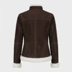 Women’s Dark Brown Shearling Suede Jacket with White Fur Trim back