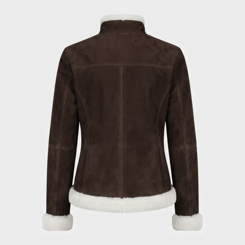 Women’s Dark Brown Shearling Suede Jacket with White Fur Trim back