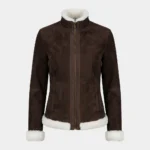 Women’s Dark Brown Shearling Suede Jacket with White Fur Trim