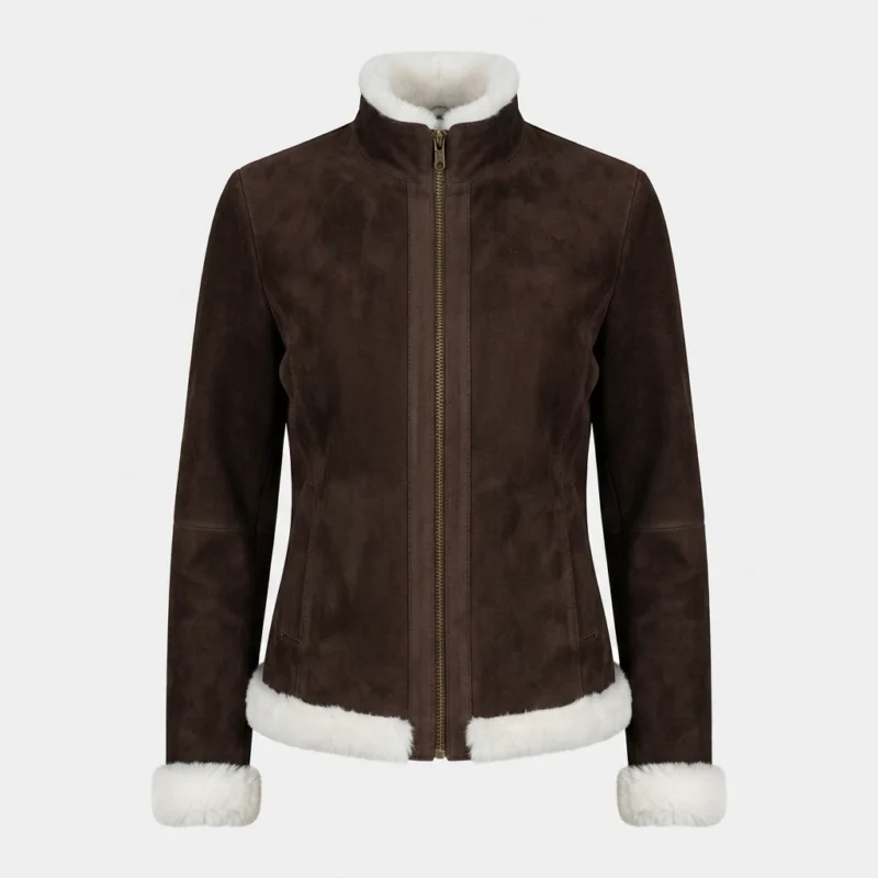 Women’s Dark Brown Shearling Suede Jacket with White Fur Trim
