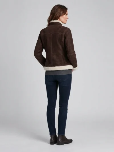 Women’s Dark Brown Shearling Suede Jacket with White Fur Trim back