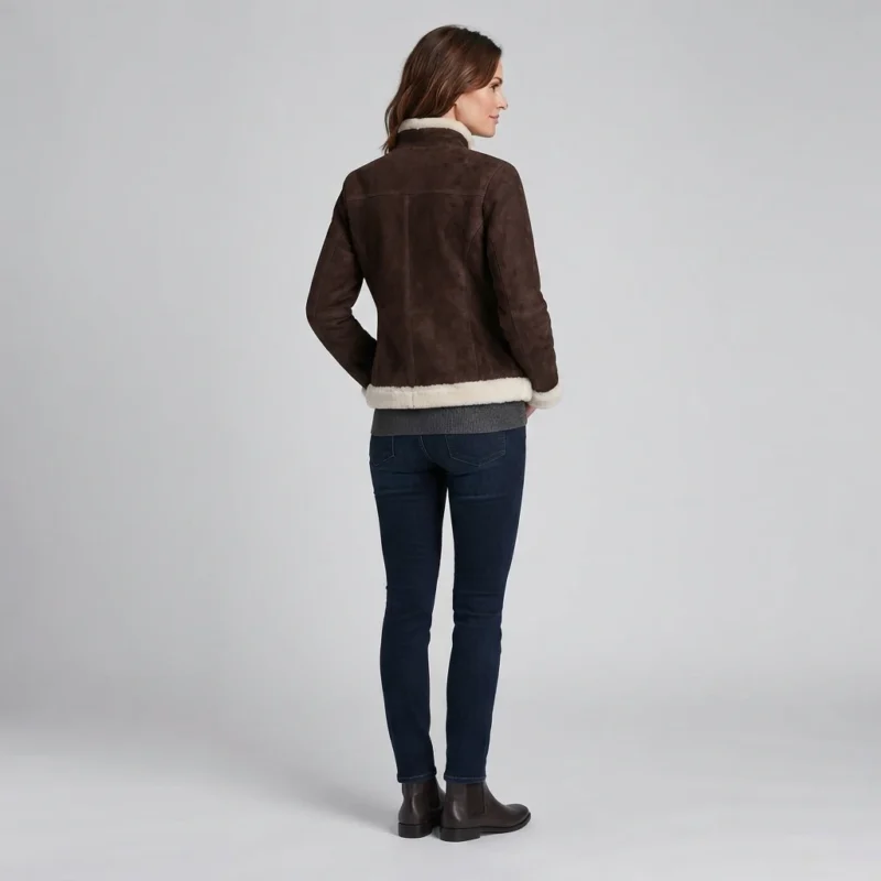 Women’s Dark Brown Shearling Suede Jacket with White Fur Trim back