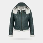 Women’s Green Shearling Leather Aviator Jacket with Hood