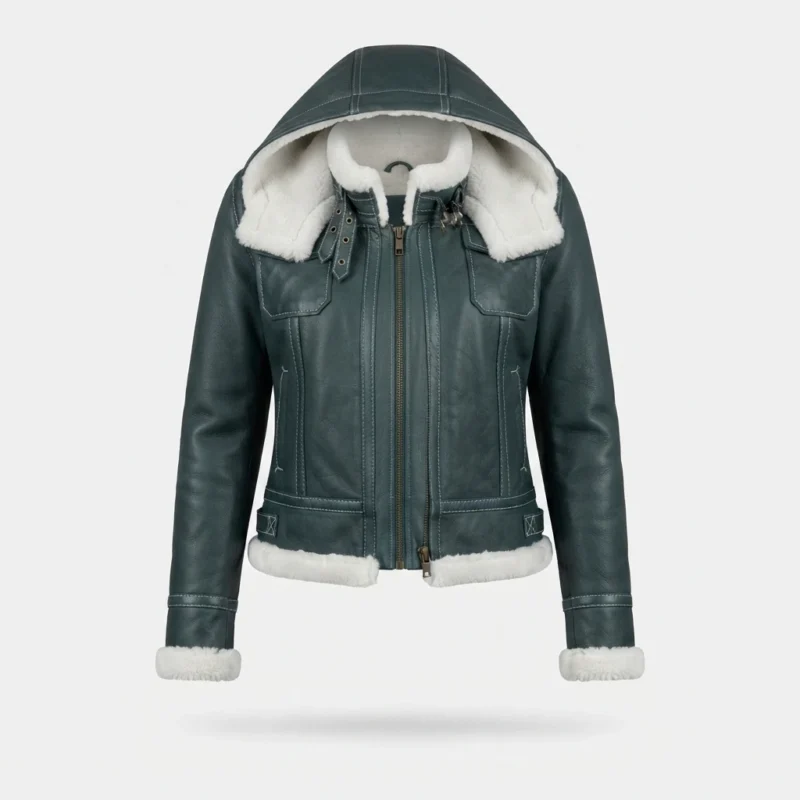 Women’s Green Shearling Leather Aviator Jacket with Hood