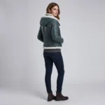 Women’s Green Shearling Leather Aviator Jacket with Hood back