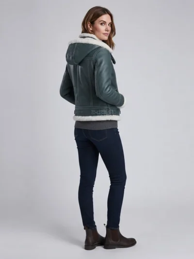 Women’s Green Shearling Leather Aviator Jacket with Hood back