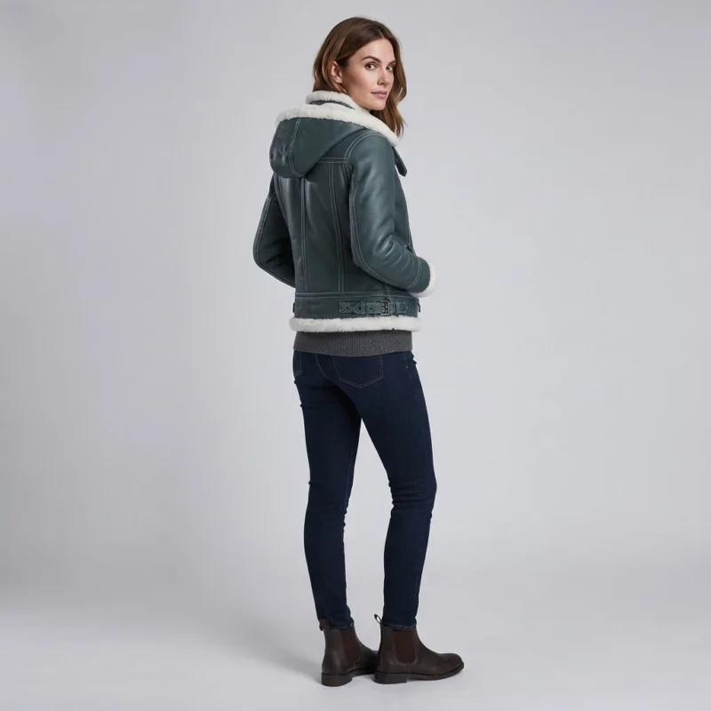 Women’s Green Shearling Leather Aviator Jacket with Hood back