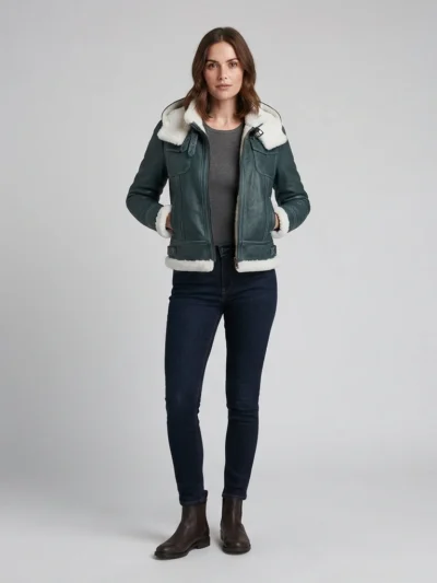 Women’s Green Shearling Leather Aviator Jacket with Hood