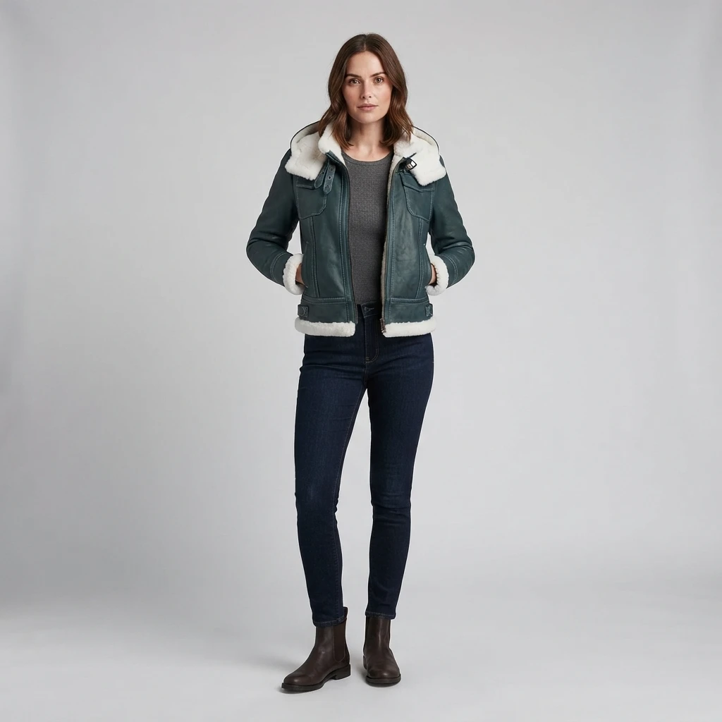 Women’s Green Shearling Leather Aviator Jacket With Hood (3) Women’s Green Shearling Leather Aviator Jacket with Hood