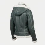 Women’s Green Shearling Leather Aviator Jacket with Hood back