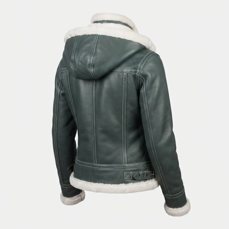 Women’s Green Shearling Leather Aviator Jacket with Hood back