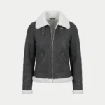 Women’s Grey Shearling Aviator Jacket with Faux Fur Collar and Buckle Detail