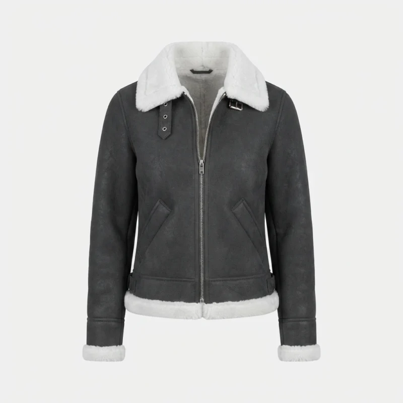 Women’s Grey Shearling Aviator Jacket with Faux Fur Collar and Buckle Detail
