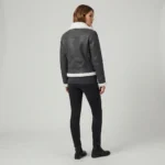 Women’s Grey Shearling Aviator Jacket with Faux Fur Collar and Buckle Detail back