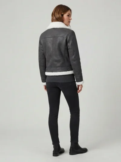 Women’s Grey Shearling Aviator Jacket with Faux Fur Collar and Buckle Detail back