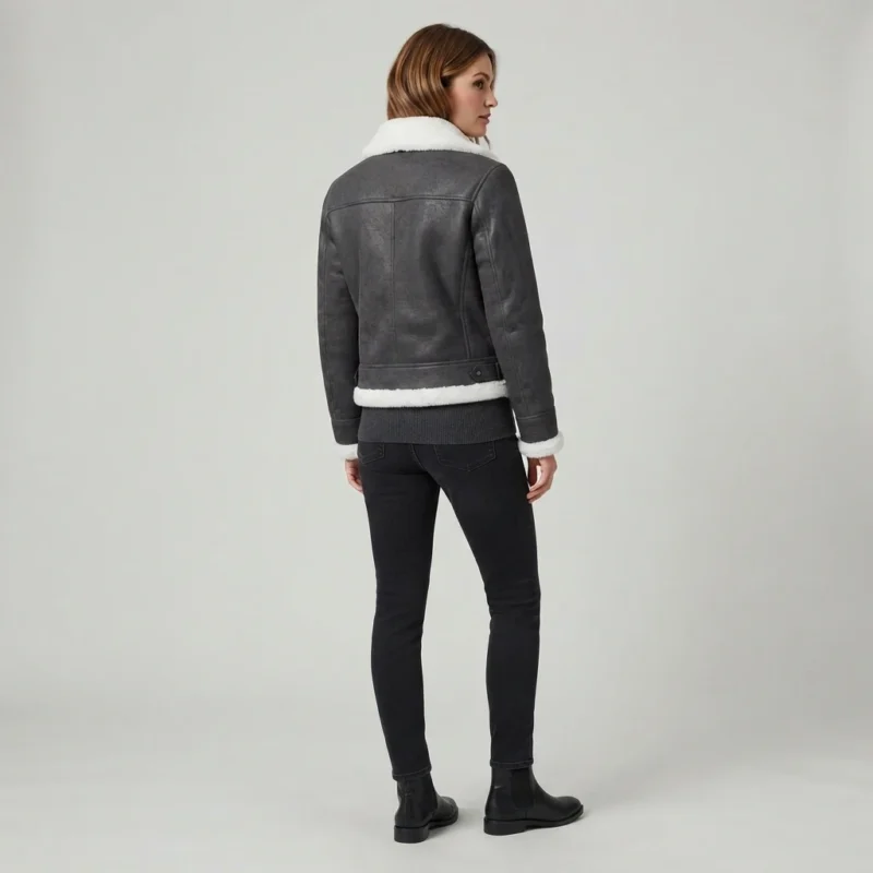 Women’s Grey Shearling Aviator Jacket with Faux Fur Collar and Buckle Detail back