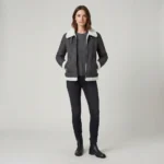 Women’s Grey Shearling Aviator Jacket with Faux Fur Collar and Buckle Detail
