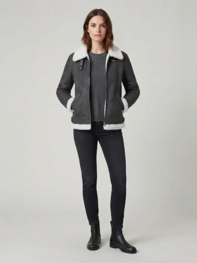 Women’s Grey Shearling Aviator Jacket with Faux Fur Collar and Buckle Detail