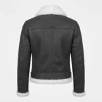 Women’s Grey Shearling Aviator Jacket with Faux Fur Collar and Buckle Detail back
