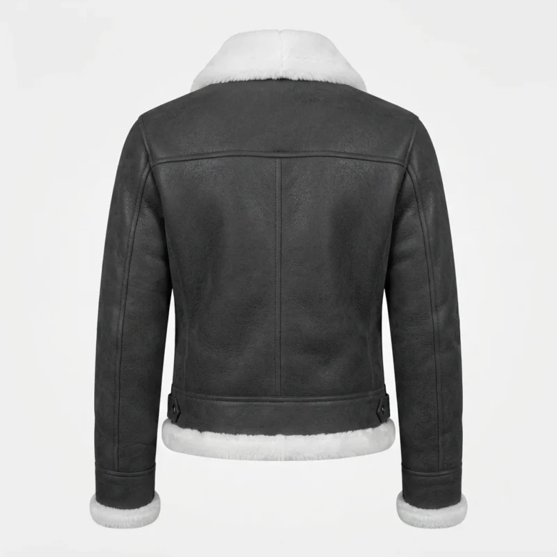 Women’s Grey Shearling Aviator Jacket with Faux Fur Collar and Buckle Detail back