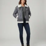 Women’s Grey Shearling Suede Aviator Jacket with White Fur Lining