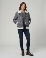 Women’s Grey Shearling Suede Aviator Jacket with White Fur Lining