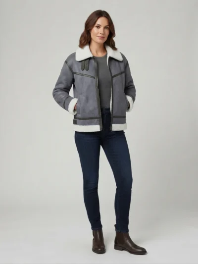 Women’s Grey Shearling Suede Aviator Jacket with White Fur Lining