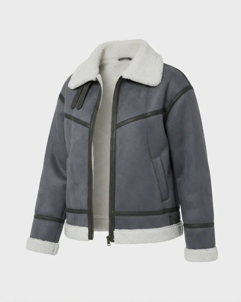 Women’s Grey Shearling Suede Aviator Jacket with White Fur Lining