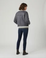 Women’s Grey Shearling Suede Aviator Jacket with White Fur Lining back
