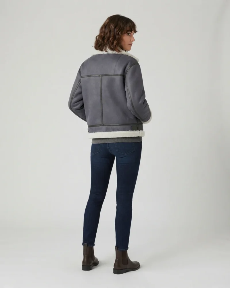 Women’s Grey Shearling Suede Aviator Jacket with White Fur Lining back