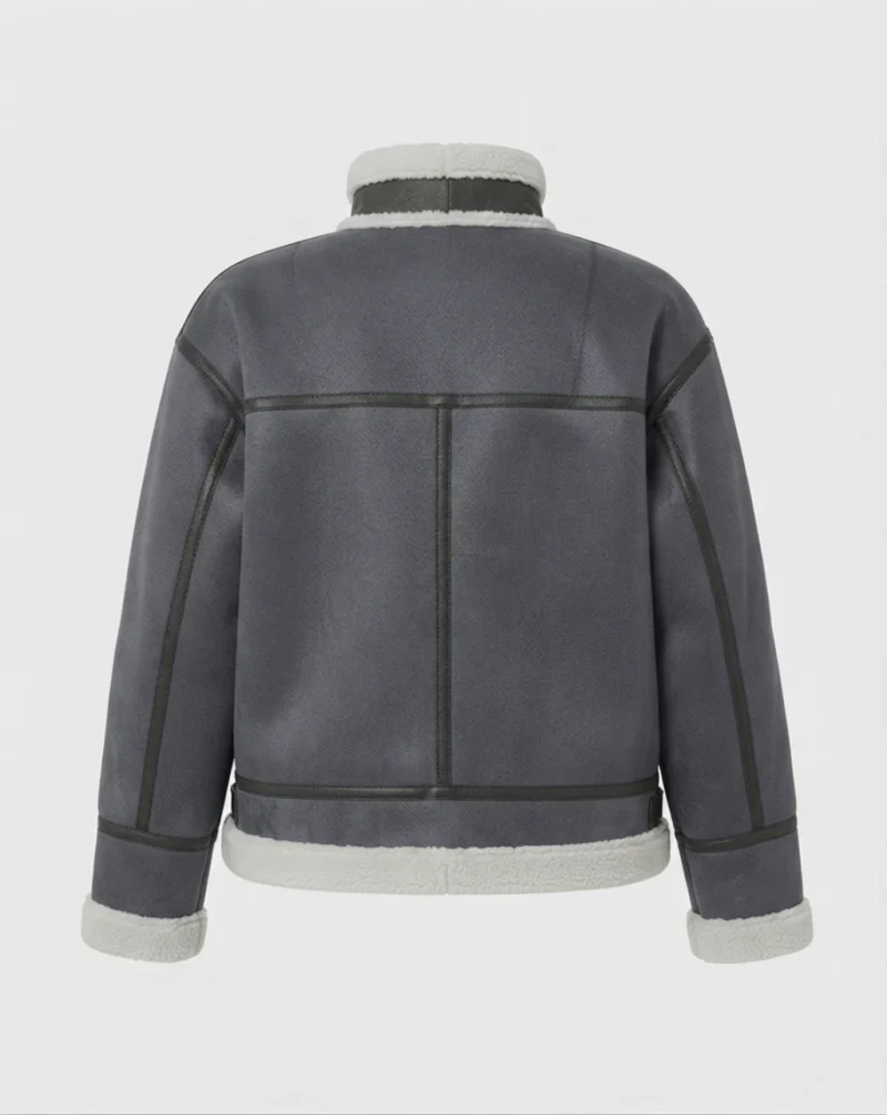 Women’s Grey Shearling Suede Aviator Jacket with White Fur Lining back