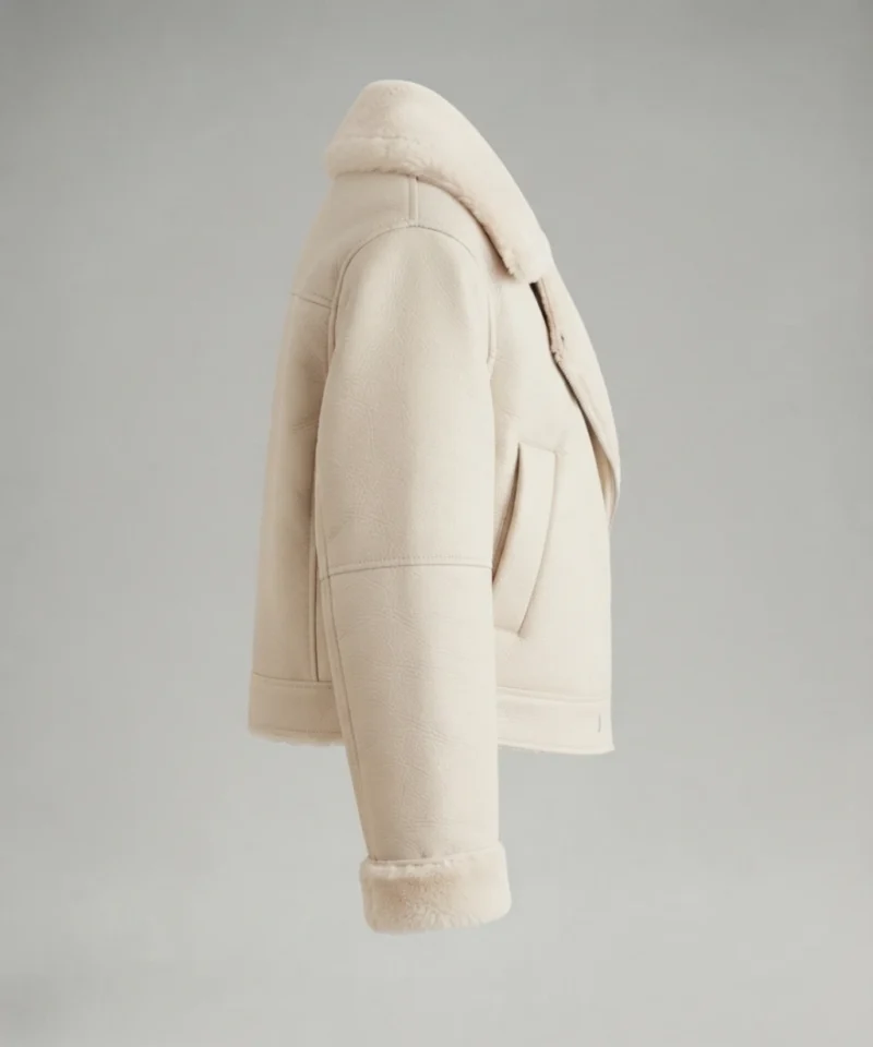 Women’s Ivory Shearling Biker Jacket – Cream Leather Jacket with Plush Fur Lapels - Image 4