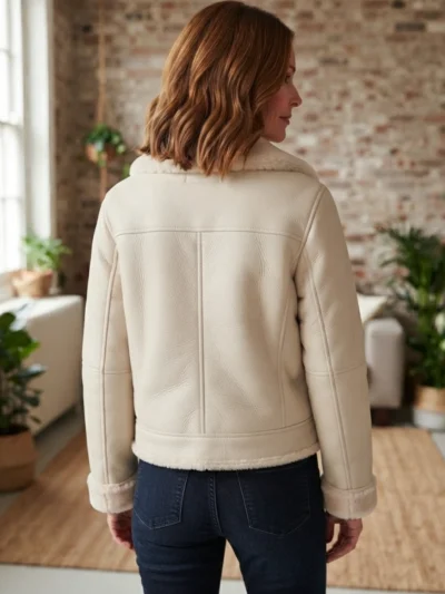 Women’s Ivory Shearling Biker Jacket back