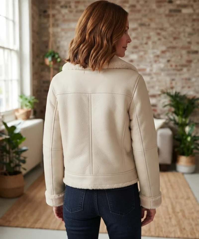 Women’s Ivory Shearling Biker Jacket back