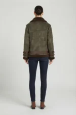 Womens Olive Green Genuine Shearling Aviator Leather Jacket with Belt - Image 2