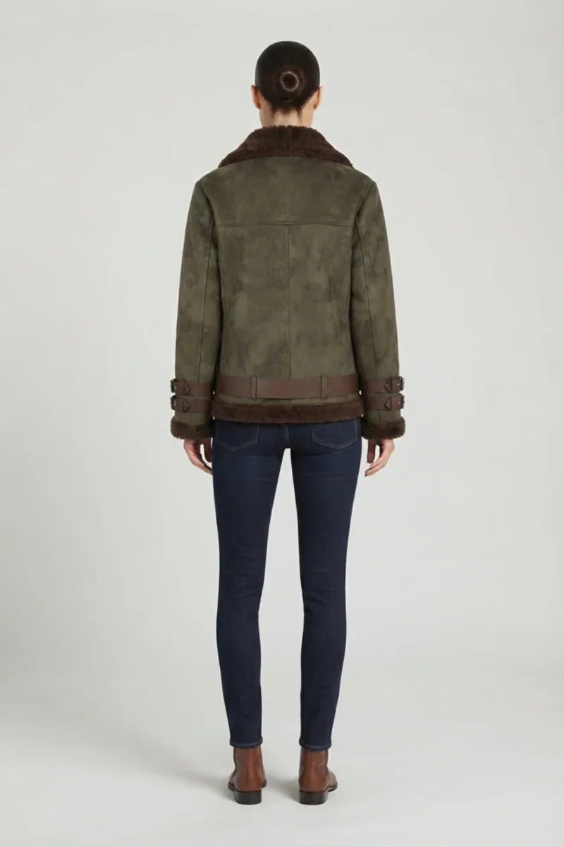 Womens Olive Green Genuine Shearling Aviator Leather Jacket with Belt - Image 2