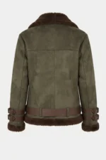 Womens Olive Green Genuine Shearling Aviator Leather Jacket with Belt back