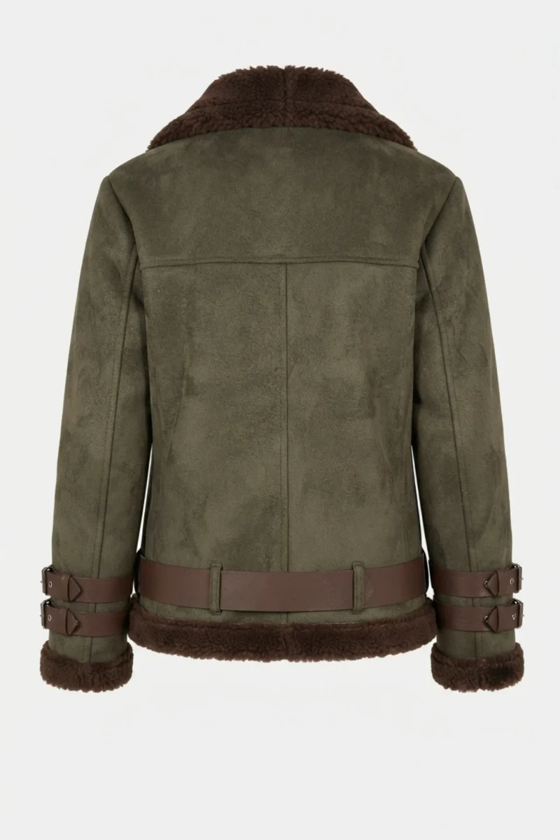 Womens Olive Green Genuine Shearling Aviator Leather Jacket with Belt back