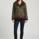 Womens Olive Green Genuine Shearling Aviator Leather Jacket with Belt