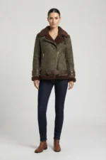 Womens Olive Green Genuine Shearling Aviator Leather Jacket with Belt