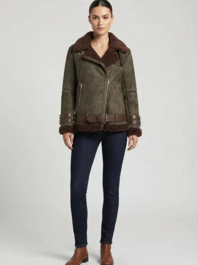 Womens Olive Green Genuine Shearling Aviator Leather Jacket with Belt