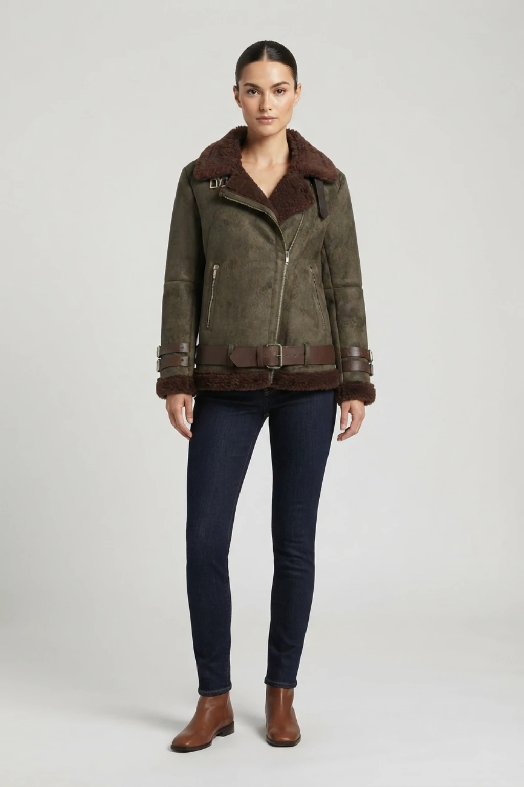 Womens Olive Green Genuine Shearling Aviator Leather Jacket With Belt (3) Womens Olive Green Genuine Shearling Aviator Leather Jacket with Belt