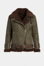 Womens Olive Green Genuine Shearling Aviator Leather Jacket with Belt front