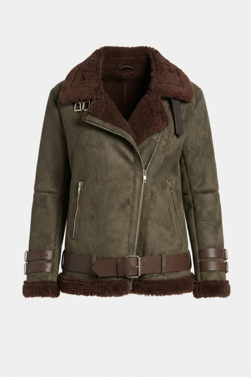 Womens Olive Green Genuine Shearling Aviator Leather Jacket with Belt front
