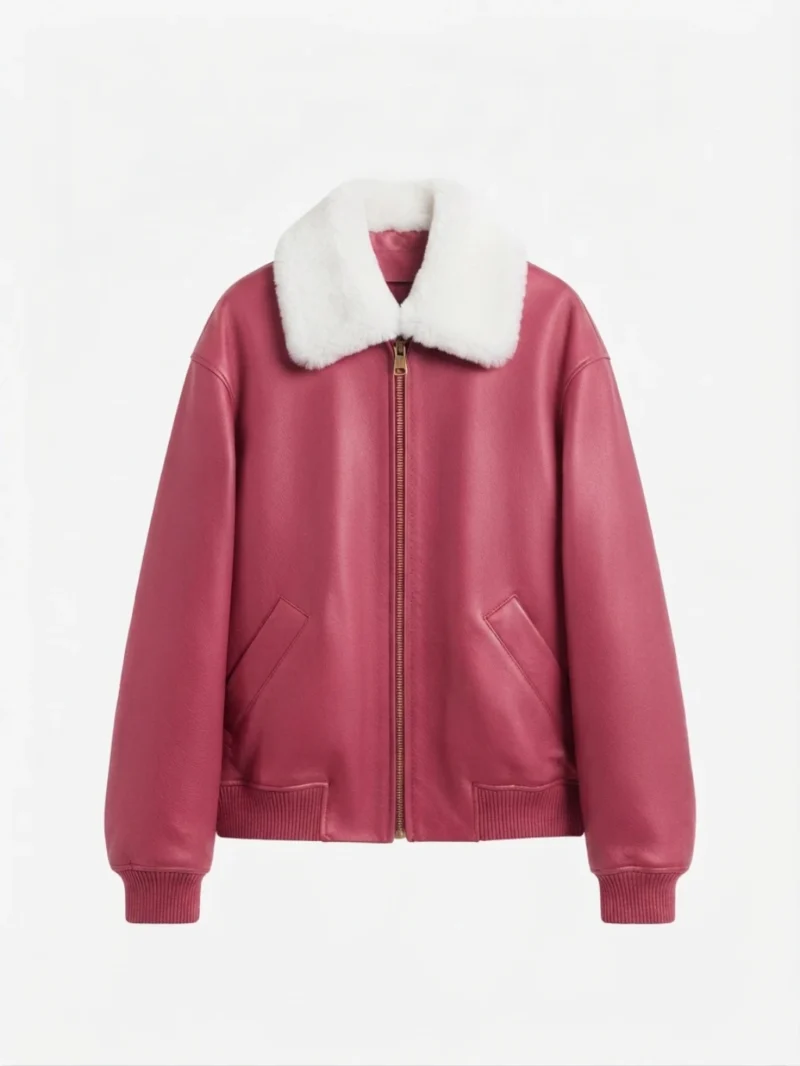 Women’s Pink Leather Bomber Jacket with Shearling Collar