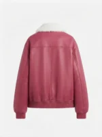 Women’s Pink Leather Bomber Jacket with Shearling Collar back