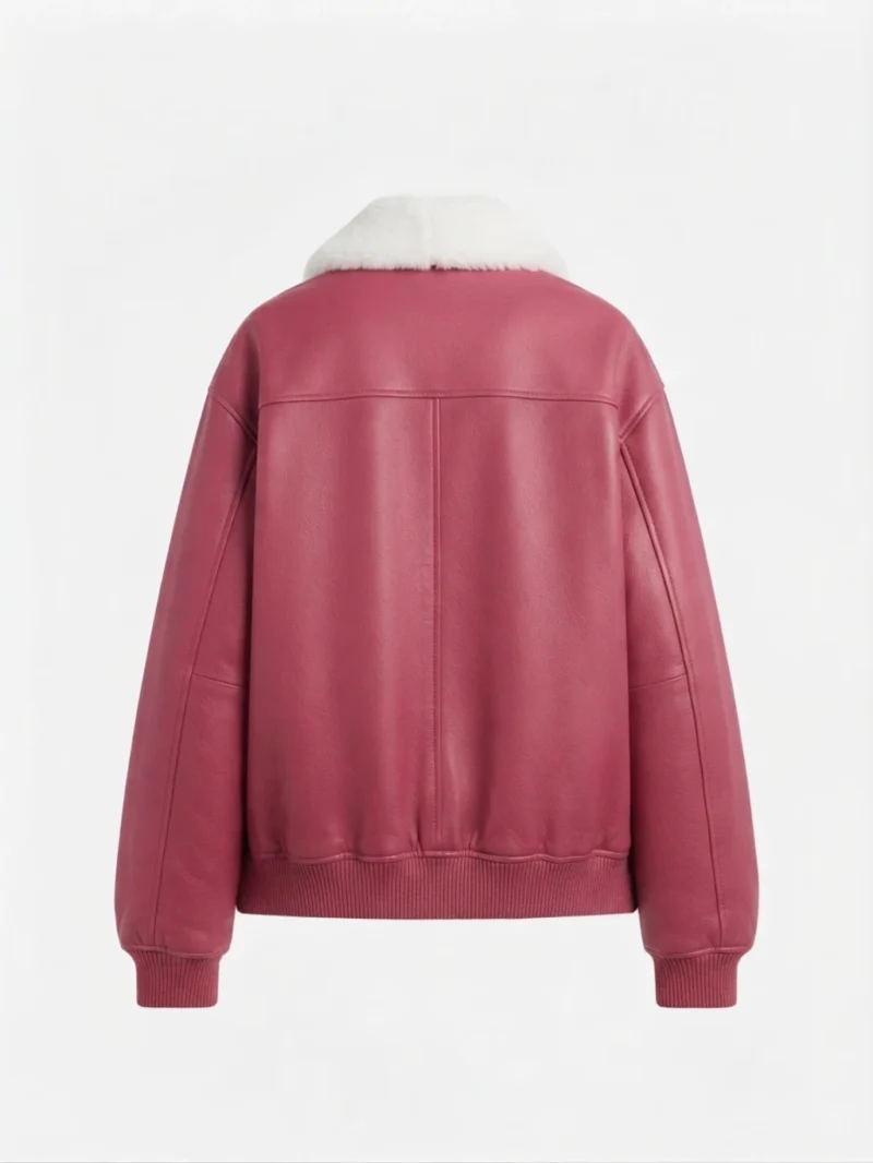 Women’s Pink Leather Bomber Jacket with Shearling Collar back