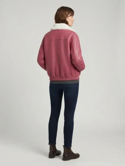 Women’s Pink Leather Bomber Jacket with Shearling Collar back