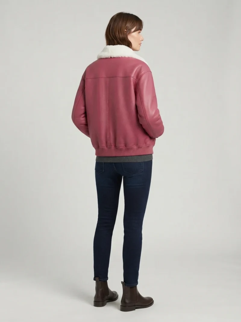 Women’s Pink Leather Bomber Jacket with Shearling Collar back