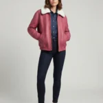 Women’s Pink Leather Bomber Jacket with Shearling Collar